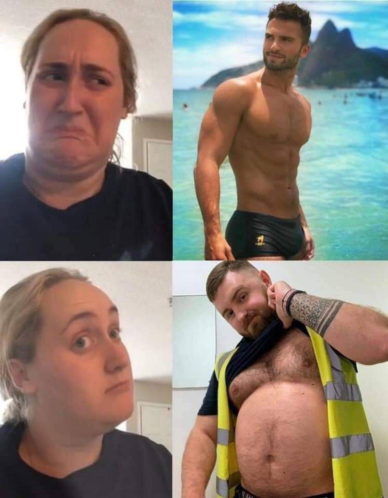 a set of four images. first image features a woman looking in disgust. image next to that one is a handsome thin man with traditional good looks. third image is the same woman looking curious and approving. the fourth image is a guy with some meat on his bones and hairy, embodying a dad bod